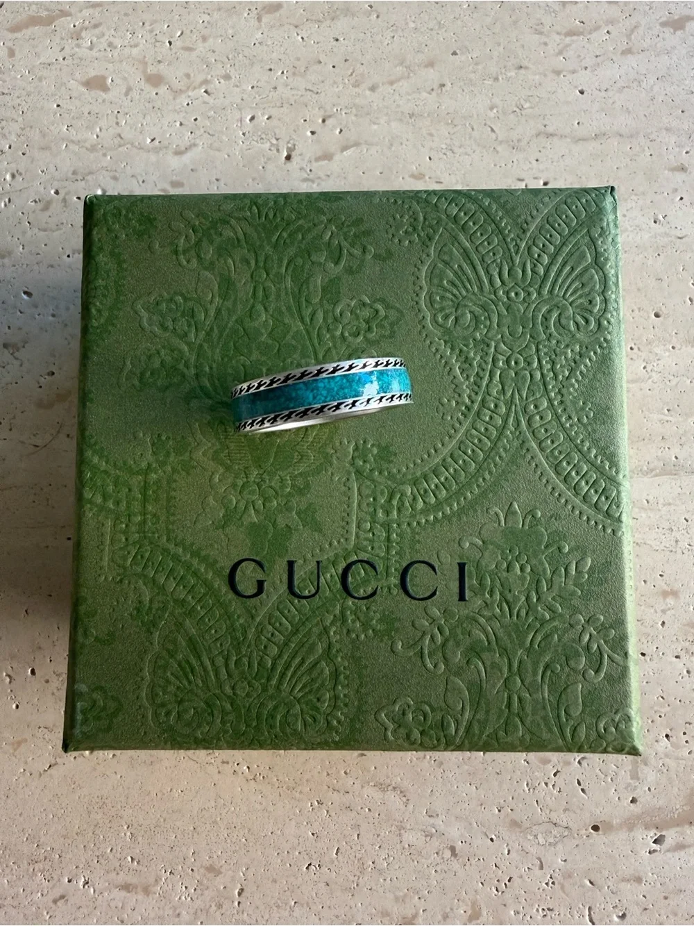 NWT GUCCI INTERLOCKING G RING STERLING SILVER TURQUOISE ENAMEL DESIGNER SIZE: 21